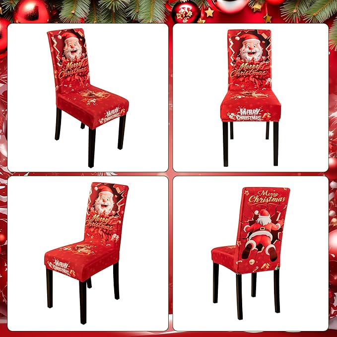 4PCS Christmas Dining Chair Covers Stretch Removable Washable Dining Room Chair Protector Slipcover 3D Print Santa Claus Deer Kitchen Chair Cover Slipcovers Protector for Xmas Holiday Party Home Décor CZL