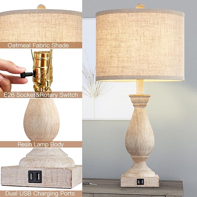 Farmhouse Table Lamps for Living Room Bedside Lamps for Nightstand Vintage Rustic Table Lamps for Bedrooms Set of 2 with USB Charging Ports Wooden Finish Bulbs Not Included - LeafyLoom