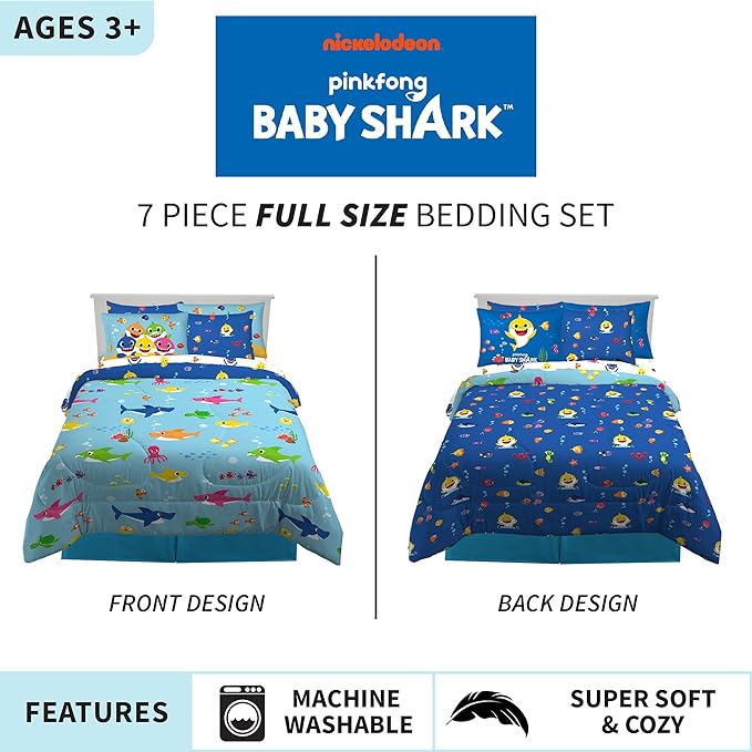 Franco Kids Bedding Super Soft Comforter and Sheet Set with Sham, 7 Piece Full Size, Baby Shark - LeafyLoom