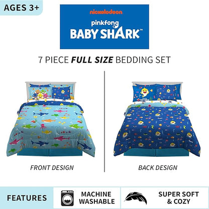 Franco Kids Bedding Super Soft Comforter and Sheet Set with Sham, 7 Piece Full Size, Baby Shark - LeafyLoom