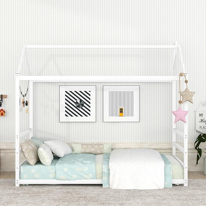 Bellemave Twin Size Montessori Floor Bed for Kids,Floor Bed with Roof, House Bed for Boys Girls,Metal House Shape Platform Bed Twin,White - LeafyLoom