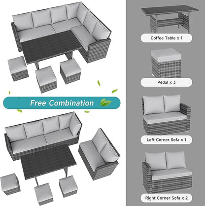 IDEALHOUSE 7 Pieces Outdoor Dining Set,Patio Sectional Sofa Conversation Set All Weather Wicker Rattan Couch Dining Table & Chair with Ottoman Grey - LeafyLoom