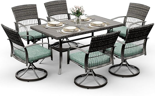 Pamapic 7 Piece Patio Dining Set for 6,Outdoor Wicker Furniture Set for Backyard Garden Deck Poolside with 6 Cushions Swivel Rocker Chairs,Iron Slats Table Top, Removable Cushions(Green) - LeafyLoom