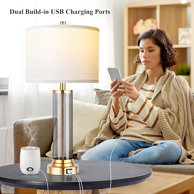 QiMH Touch Control Table Lamp Set of 2 with USB A+C Ports, 3-Way Dimmable Nightstand Lamp with Fabric Cream Shade, Modern Bedside Lamp for Living Room Bedroom Reading, LED Bulbs Included - LeafyLoom