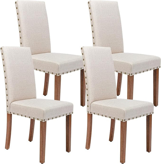 Upholstered Parsons Dining Chair with Nailhead Trim and Sturdy Solid Wood Legs, Set of 4, Cream - LeafyLoom