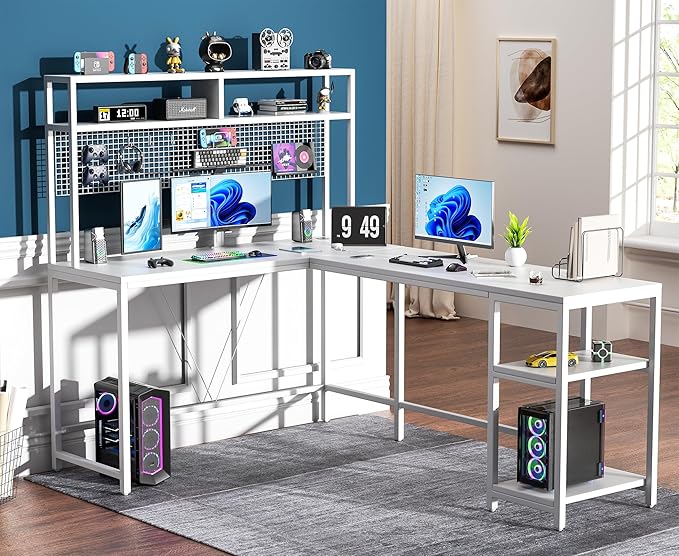 L Shaped Desk with Hutch - 67" L Shaped Gaming Desk with LED Lights, Corner Computer Desk with Storage Shelves, L Shaped Office Desk with Pegboard, White - LeafyLoom