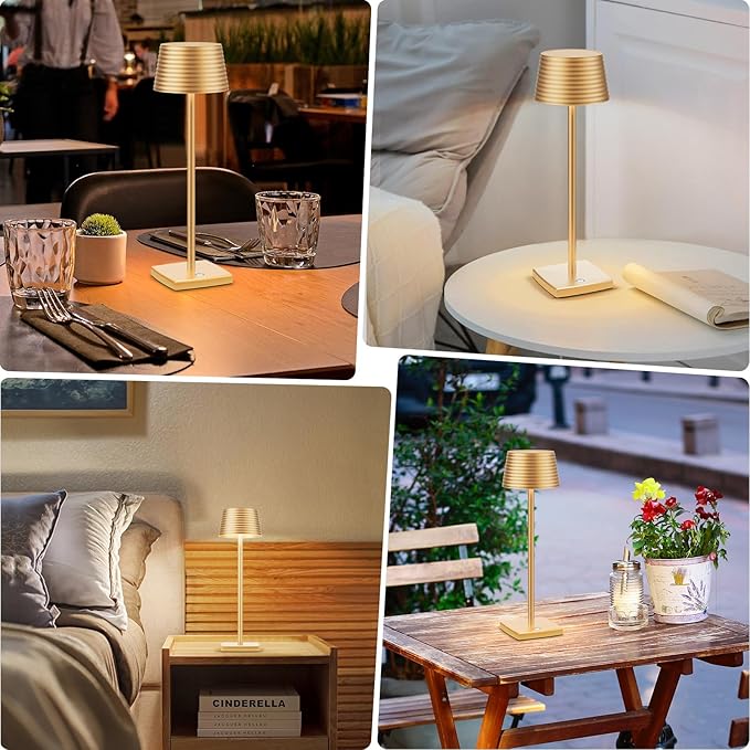 Rechargeable Cordless Table Lamp, Battery 5000mAh Metal Aluminum Housing USB LED Portable Powered Desk Lamp, 3 Levels Brightness Night Light for Restaurants Bars Outdoor (Gold-2pack) - LeafyLoom