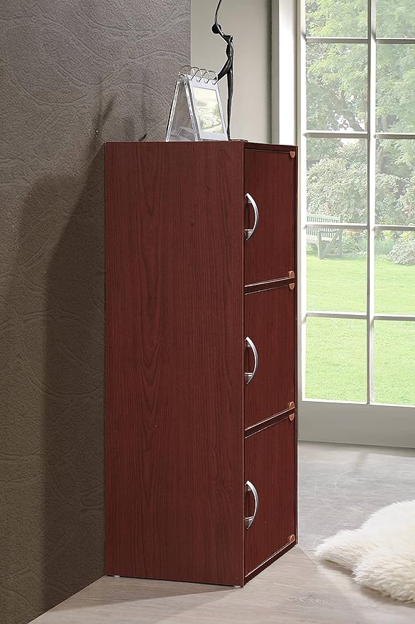 HODEDAH 3 Door Bookcase Cabinet, Mahogany - LeafyLoom