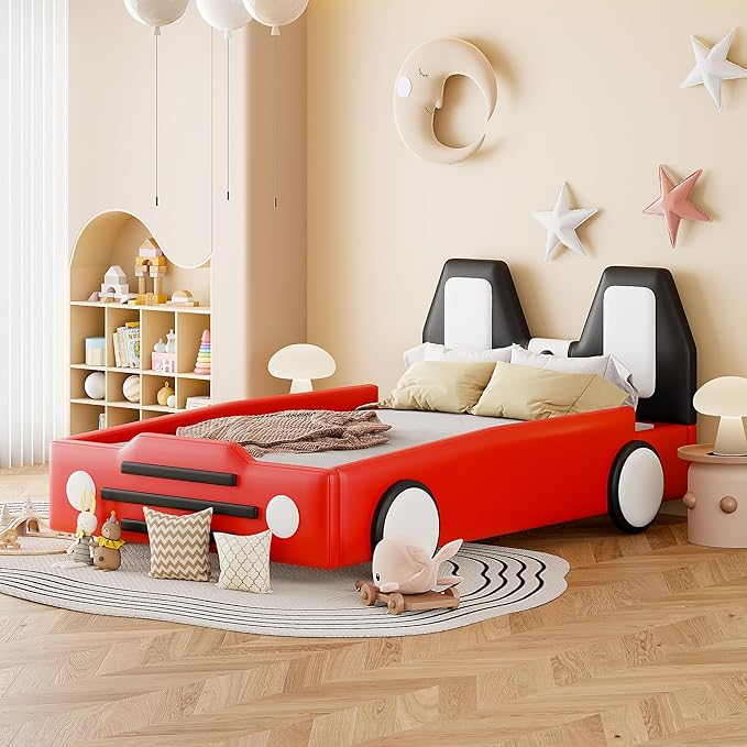 Twin Size Car Bed for Boys,Race Car-Shaped Wooden Platform Bedframe with Wheels & Safety Guardrail,Slats Support,Easy Assembly,Fun Play for Kids Toddlers Child's Bedroom,Red PU - LeafyLoom