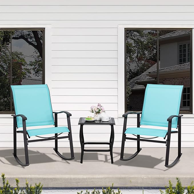 Shintenchi 3 Piece Rocking Bistro Set, Outdoor Furniture with Rocker Chairs and Glass coffee table set of 3, Balcony, Porch Furniture for Small Space, Blue - LeafyLoom