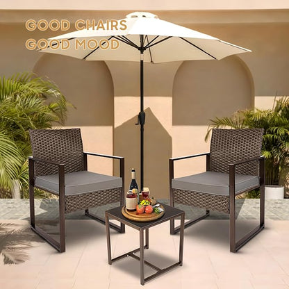 YIYAN 3 Pieces Outdoor Furniture Set Patio Rattan Wicker Chairs & teatable,Lawn Garden Balcony Backyard,with Washable Cushion (Gray) - LeafyLoom