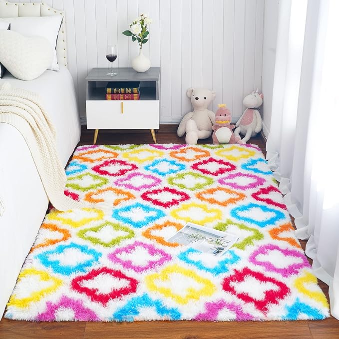 Tepook Fluffy Colorful Rug for Kids, Shaggy Soft Rainbow Area Rugs for Girls Bedroom, Indoor Modern Geometric Moroccan Rugs Plush Girls Kids Rug for Playroom Teens Room Nursery Home Decor, 3 X 5 ft - LeafyLoom