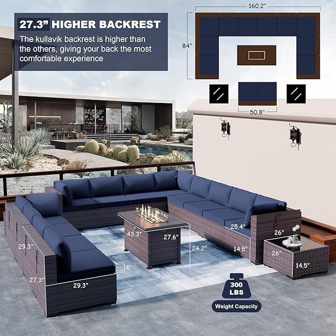 Kullavik 15PCS Outdoor Patio Furniture Set with 43" 55000BTU Gas Propane Fire Pit Table PE Wicker Rattan Sectional Sofa Patio Conversation Sets,Dark Blue - LeafyLoom