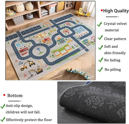 kid rug carpet playmat for toy cars and trains,road traffic kids play area rug,city Life town play Mat for Playroom Bedroom Boys,Children's Educational Fun Throw Rug with Rubber Backing 31X47IN - LeafyLoom