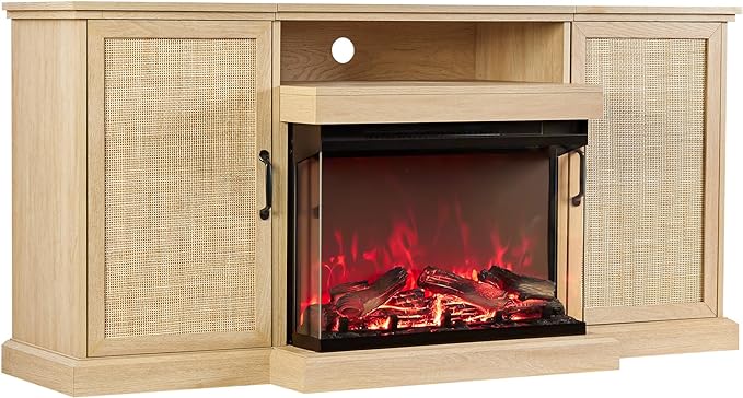 3-Side Glass Fireplace TV Stand for TVs up to 65'', Electric Fireplace TV Stand with Rattan Cabinet, Entertainment Center with Fireplace, Boho, Natural - LeafyLoom