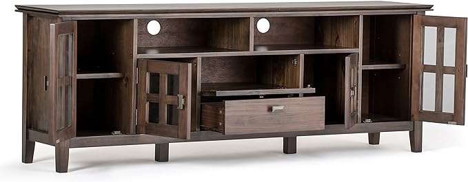 SIMPLIHOME Artisan SOLID WOOD 72 Inch Wide Transitional TV Media Stand in Natural Aged Brown for TVs up to 80 Inch, For the Living Room and Entertainment Center - LeafyLoom