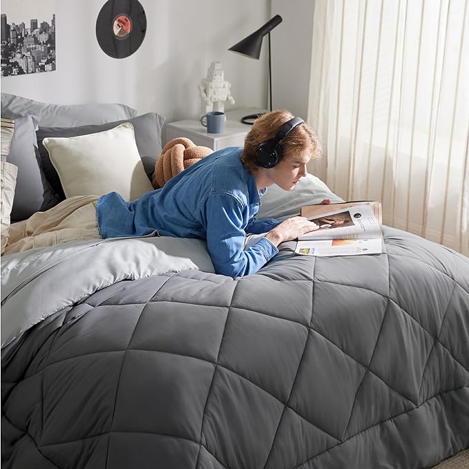 Bedsure Dark Grey Twin XL Comforter Set - 5 Pieces Reversible Twin XL Bed in a Bag for College, Extra Long Twin Bed Set Dark Grey with Comforters, Sheets, Pillowcase & Sham - LeafyLoom