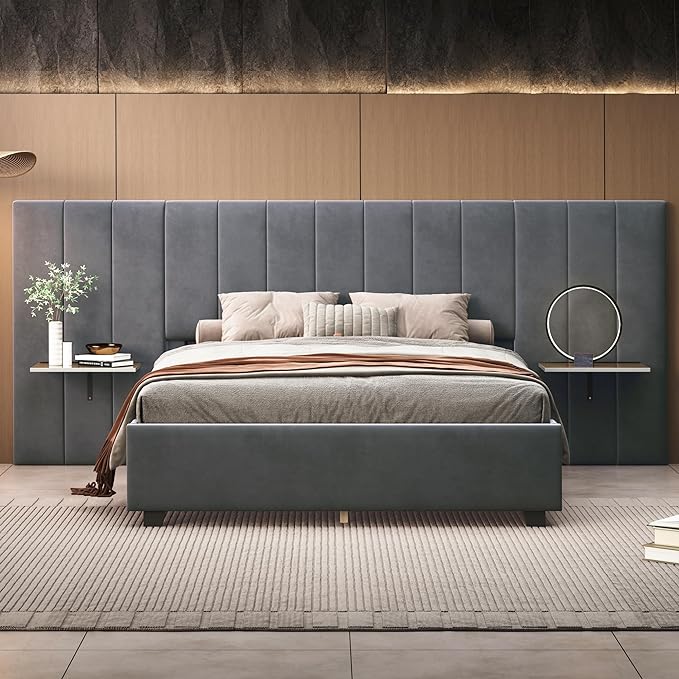 Queen Upholstered Platform Bed Frame with Extended Headboard and and Two Shelves, Velvet Bed, No Box Spring Needed, Gray - LeafyLoom