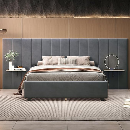 Queen Upholstered Platform Bed Frame with Extended Headboard and and Two Shelves, Velvet Bed, No Box Spring Needed, Gray - LeafyLoom