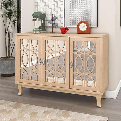 Multifunctional Sideboard with Glass, Vintage 3 Door Mirrored Buffet Cabinet,W/Silver Handle,Easy to Assemble,Console Table for Living Room Hallway Entryway,Natural Wood Wash, 47.2" - LeafyLoom