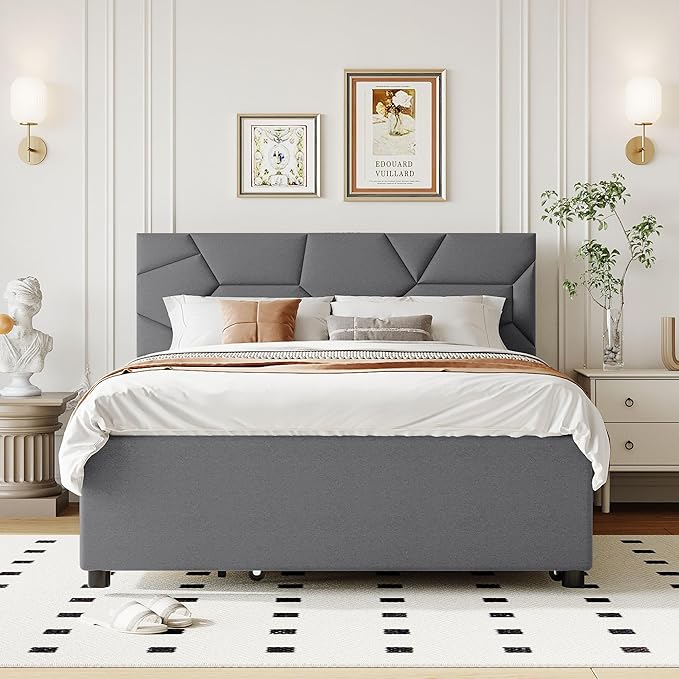 Full Size Linen Upholstered Platform Bed with Twin Size Trundle and 2 Drawers,Bedroom Bed Frame w/Brick Pattern Headboard,Wooden Slats Supproted,for Teens Kids Adults,Gray - LeafyLoom