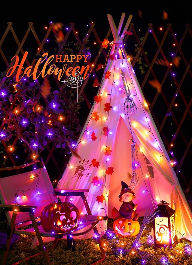 Minetom 2 Pack Solar Halloween Lights Outdoor, Total 80FT 200 LED Halloween String Lights with 8 Mode,Halloween Decoration Outdoor, Waterproof Solar String Lights for Outside Tree Yard,Orange & Purple Minetom