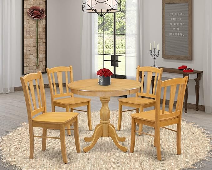 East West Furniture Antique 5 Piece Dinette Set for 4 Includes a Round Kitchen Table with Pedestal and 4 Dining Chairs, 36x36 Inch, Oak - LeafyLoom