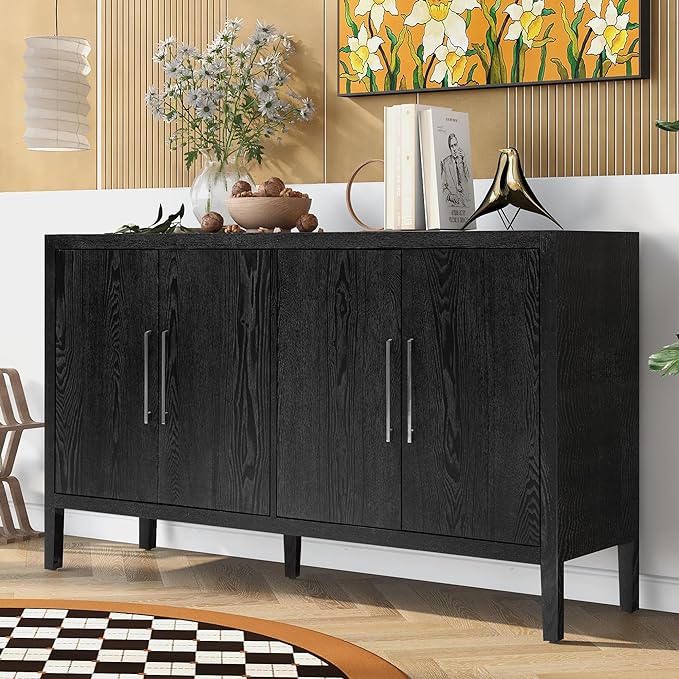 Merax Wood Sideboard Buffet Cabinet with Storage, 4 Door Farmhouse Cupboard w/Adjustable Shelves, Console Table for Kitchen, Dining/Living Room, Black - LeafyLoom