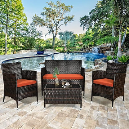 Goplus 4-Piece Rattan Patio Set, Outdoor/Indoor Wicker Conversation Set for Pool, Backyard, Lawn, Wicker Chairs and Sofa with Soft Cushion, Rattan Furniture with Tempered Glass Coffee Table - LeafyLoom