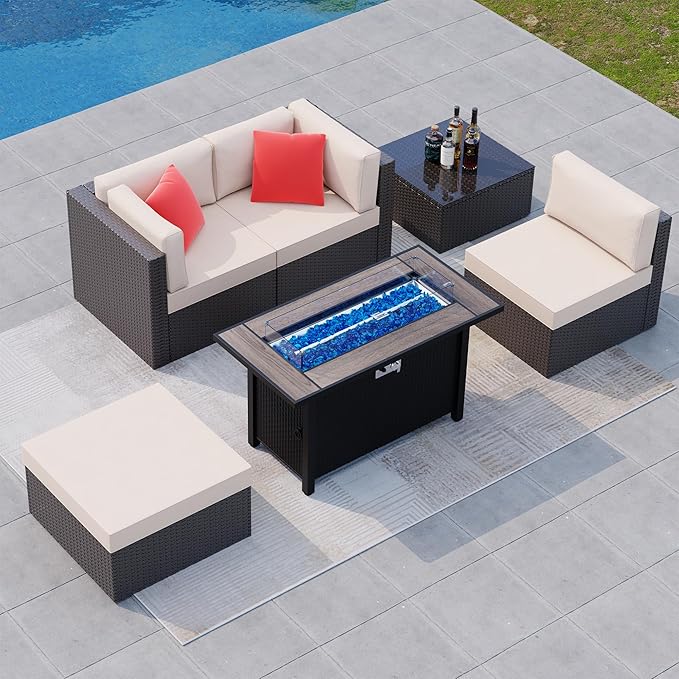 Shintenchi 6 Pieces Patio Furniture Sets w/Fire Pit Table, Outdoor Conversation Set w/50,000 BTU Steel Gas Fire Pit, Beige Patio Rattan Sectional Sofa Set w/Brown Top Fire Pit - LeafyLoom