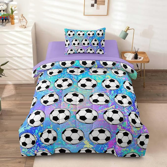 4 Piece Girls Soccer Bedding Set Twin Size Colorful Soccer Comforter Set for Teen Girls Kids Twin Bed in a Bag Set with Sheets Twin Bed Sets for Teenage - LeafyLoom