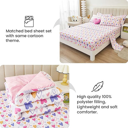 Mooreeke Full Size Comforter Sets for Girls Kids, 8 Pieces Bed in a Bag Pink Heart Bedding Comforter Sheet Set with Shams and Decorative Toy Pillow, Ultral Soft Microfiber Kids Bed Set - LeafyLoom