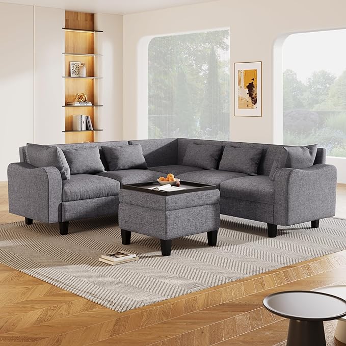 Modern Sectional Sofa with pillows, coffee table,6-Seat Couch Set w/Storage Ottoman,Various Combinations,L-Shape Indoor Furniture with Unique Armrests for Living Room,Apartment, Ushaped Gray - LeafyLoom