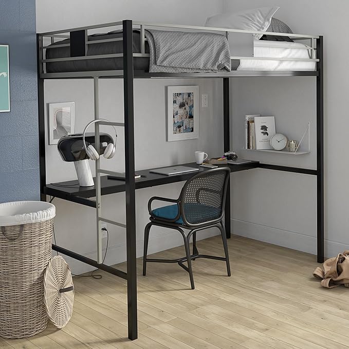 DHP Screen Loft Metal Bunk Bed with Desk and Ladder, Space-Saving Design, Silver Twin - LeafyLoom