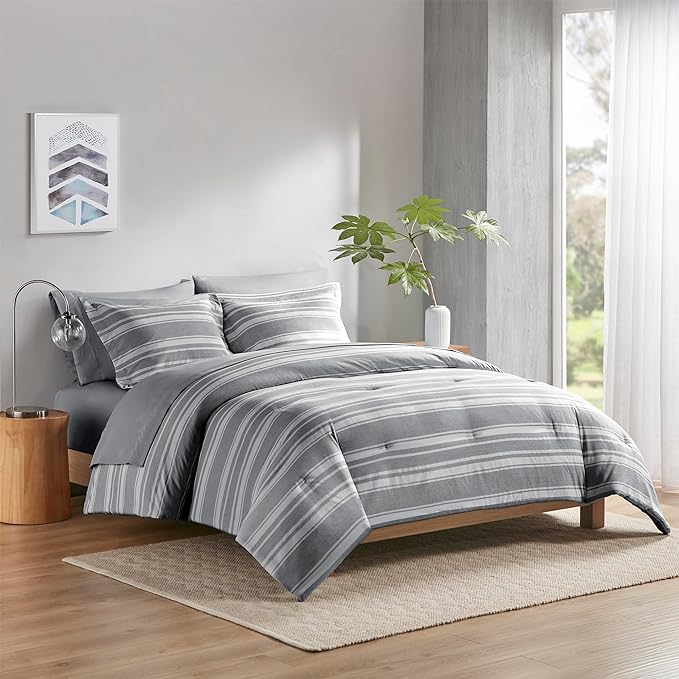 Full-size Bed in a Bag, Full Bedding Sets, Modern Farmhouse Grey and White Striped Comforter with Sheets, 7-Piece Complete Bedroom Set - LeafyLoom