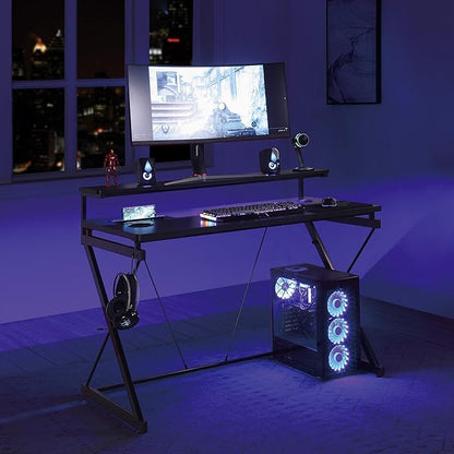 OSP Home Furnishings Emulator Battlestation Gaming Desk with RGB LED Lights, Black - LeafyLoom