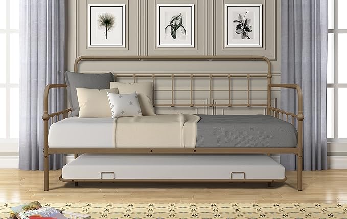 Twin Size Bed W/Slats,Metal Frame Daybed with Trundle & Anti-Noise Design,Space-Saving,Easy to Install,for Living Room Bedroom Apartment,Bronze - LeafyLoom