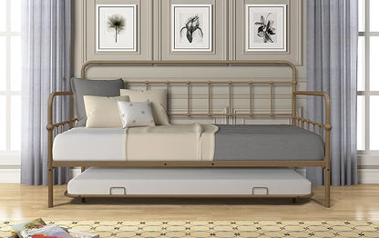 Twin Size Bed W/Slats,Metal Frame Daybed with Trundle & Anti-Noise Design,Space-Saving,Easy to Install,for Living Room Bedroom Apartment,Bronze - LeafyLoom