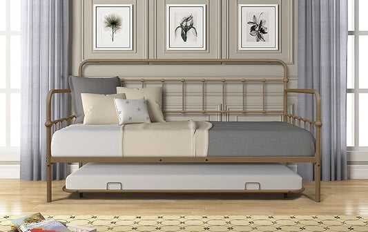 Twin Size Bed W/Slats,Metal Frame Daybed with Trundle & Anti-Noise Design,Space-Saving,Easy to Install,for Living Room Bedroom Apartment,Bronze - LeafyLoom