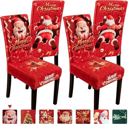 4PCS Christmas Dining Chair Covers Stretch Removable Washable Dining Room Chair Protector Slipcover 3D Print Santa Claus Deer Kitchen Chair Cover Slipcovers Protector for Xmas Holiday Party Home Décor CZL