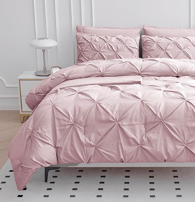 Lane Linen California King Comforter Set, 7 Piece Cal King Bed in a Bag, Pintuck Cal King Bedding Set, Soft Cali King Bed Set, Cal King Bed Comforter Sets with Sheets, Pillowcases & Shams - Sepia Rose - LeafyLoom