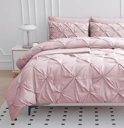 LANE LINEN Pink Comforter Set Queen Size with Sheets, Pillowcases & Shams, Pintuck Bedding Queen Size, Soft Queen Size Bed in a Bag Set, Pinch Pleated Queen Bed Comforter Set, Queen Bed Set for Girls - LeafyLoom