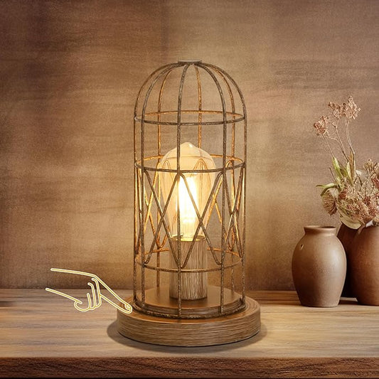 Touch Control Table Lamp Small Lamp for Small Spaces 3 Way Dimmable Nightstand Lamp Farmhouse Bedside Lamp for Bedroom Living Room, Simple Desk Lamp with Brushed Rustic Wood Cage Shade, Bulb Included - LeafyLoom