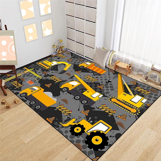 Construction Rugs for Boys Room Play Rug for Cars and Trucks Car Rug Play Mat Kids Rugs for Playroom Car Rug for Boys Room Construction Decor for Boys Room,Grey 3'×4' - LeafyLoom