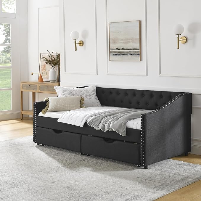 Twin Size Daybed with Two Storage Drawers, Linen Upholstered Tufted Sofa Bed w/Button on Back and Copper Nail on Waved Shape Arms, for Bedroom Living Room, No Box Spring Needed, Black - LeafyLoom