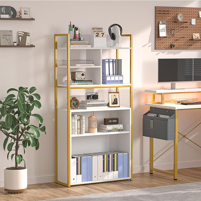 White Industrial Bookshelf, 6 Tier Tall Bookshelves Wood and Gold Metal Frame Standing Bookcase, Display Book Shelf with Adjustable Storage Shelves for Home Office, Living Room, Bed Room, White - LeafyLoom