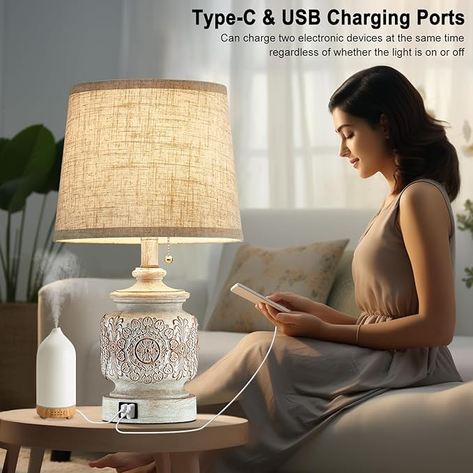 19.5" Farmhouse Vintage Table Lamps for Living Room Set of 2 Traditional Rustic Bedside Lamps for Bedrooms Nightstand with USB Ports Carved Floral Night Light Lamp for Office Decor,Pull Chain - LeafyLoom