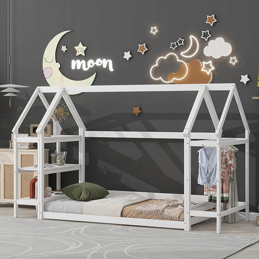 Twin Size Wood House Bed,Wood Platform Bed with Storage Shelves and Hanger,Floor Twin Size Montessori Bed Frame, Kids Boys Girls Bedroom,Living Room,No Box Spring Required,White - LeafyLoom