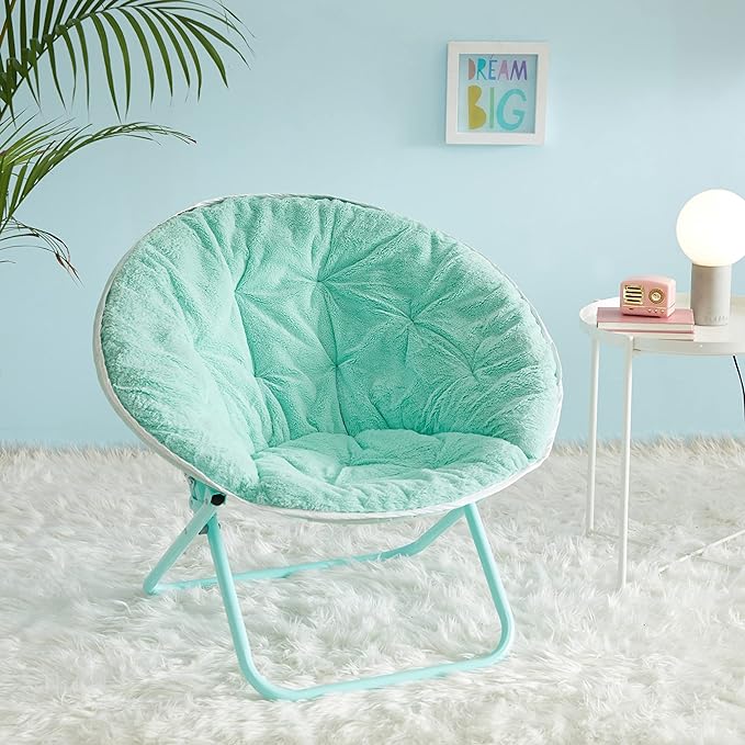 Faux Fur with Holographic Trim Foldable Saucer Chair, Teal - LeafyLoom