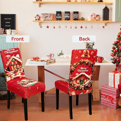 4PCS Christmas Dining Chair Covers Stretch Removable Washable Dining Room Chair Protector Slipcovers Santa Claus House Wreaths Kitchen Chair Cover Slipcover Protector for Xmas Holiday Party Home Décor CZL